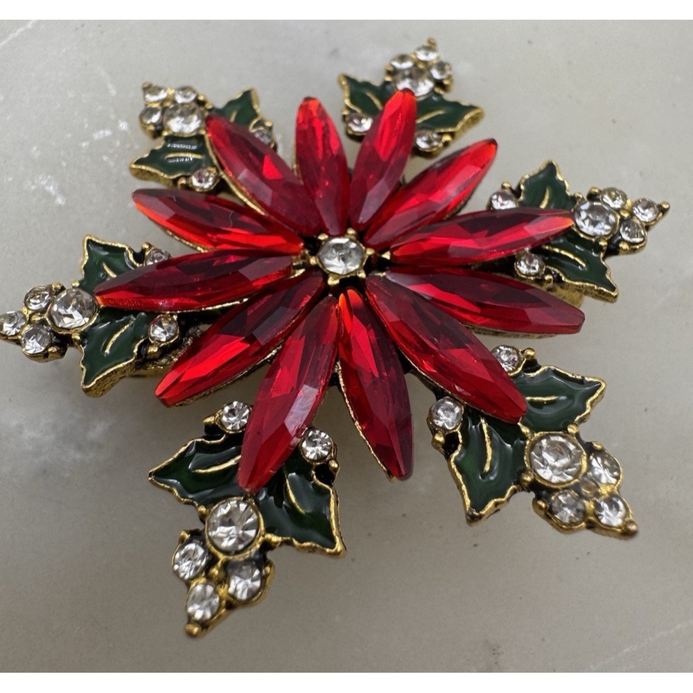 Christmas Poinsettia Brooch Red Marquise Rhinestones Holly Leaves Gold Tone Pin